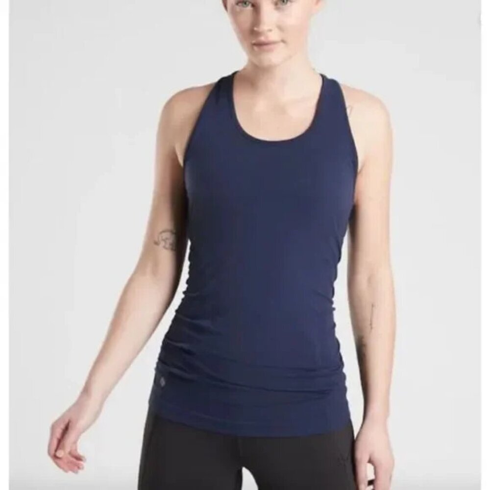 Athleta Speedlight Racerback Seamless Ruched Workout Tank Top Navy Blue Size XS